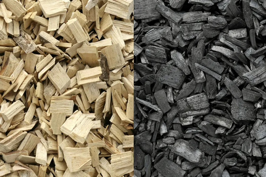 Before and after: wood chips can be converted into biochar by high-temperature heating in the absence of oxygen inside a pyrolysis oven.