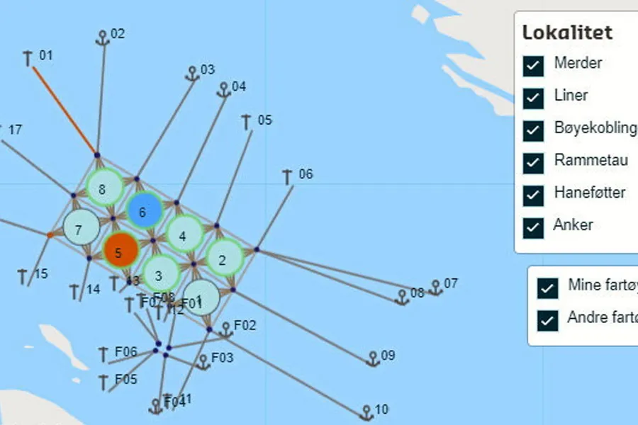 Oversikt over lokalitet i brukergrensesnittet på Mørenot sitt Aquacom-system.