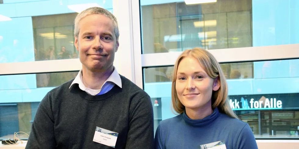 Avdelingsleder for markedsanalyse, Anders Kringstad (t.v.), og senior analytiker, Julia Larsen Gunnerød (t.h.), begge fra Statnett, presenterte siste utgave av Statnetts langsiktige markedsanalyse på tirsdag.