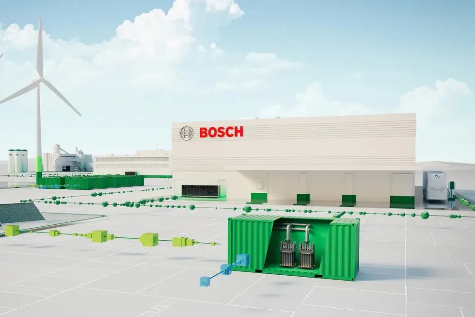 A promotional image showing Bosch's PEM electrolyser offering. The electrolyser is still in the pilot phase of development, according to Bosch's website.