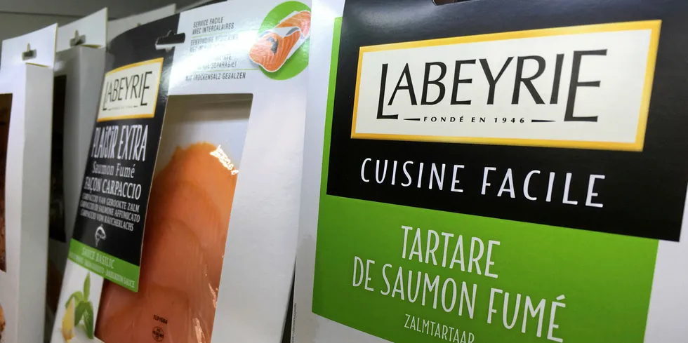 Labeyrie smoked salmon on shelves in France.