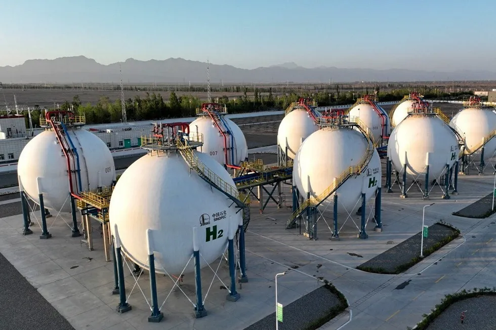 Hydrogen storage tanks at Sinopec's 260MW Kuqa green hydrogen project, the world's largest, in Xinjiang, China.