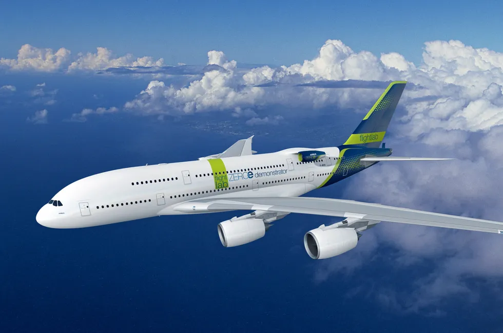 A computer-generated image of an Airbus ZEROe aircraft.