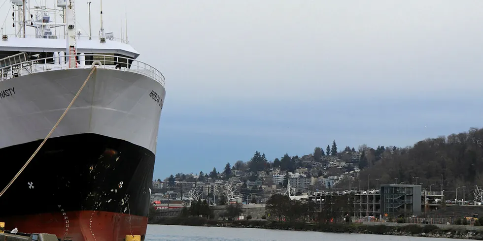 Alaska pollock fishing vessels docked at the Port of Seattle in 2019.