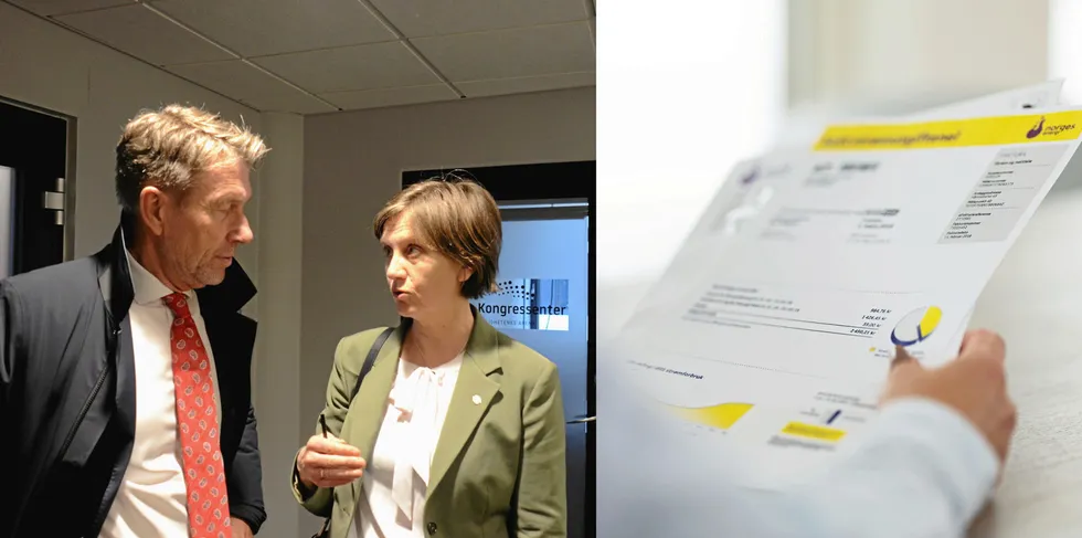 Forrige uke informerte de to statsrådene olje- og energiminster Terje Aasland (til v) og barne- og familieminister Kjersti Toppe om hvilke tiltak de vurderer å innføre for å stramme inn for strømsalgbransjen. Blant forslagene er makspåslag - et tiltak bransjen er lite villig til å kommentere.