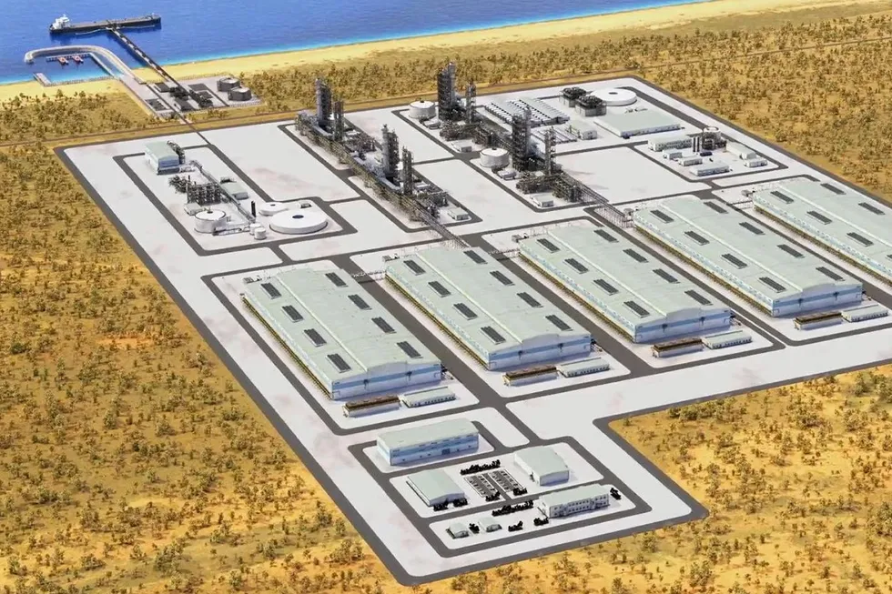 A rendering of the downstream hydrogen/ammonia production and export part of the HyEnergy project in Western Australia.