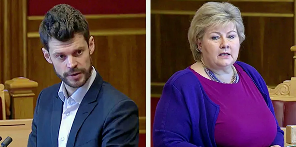 Rødt-leder Bjørnar Moxnes ville i dag ha svar på om regjeringen vil gi konsesjon til NorthConnect-kabelen. Det ville statsminister Erna Solberg naturligvis ikke svare på.