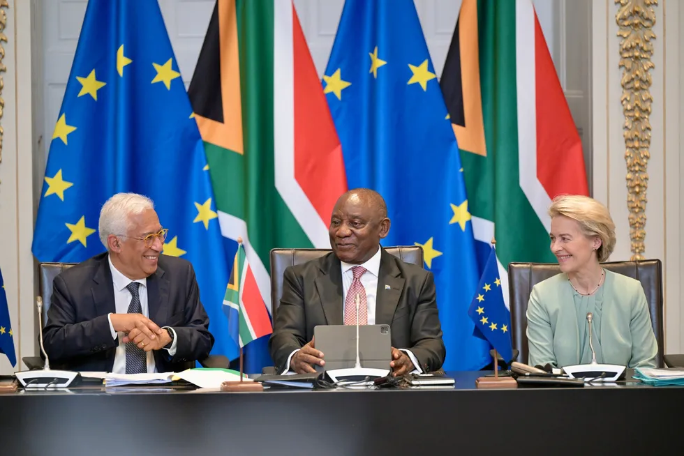 l-r: President of the European Council, António Costa; South African President Cyril Ramaphosa and European Commission President Ursula von der Leyen at the EU-South Africa Summit in Cape Town yesterday.