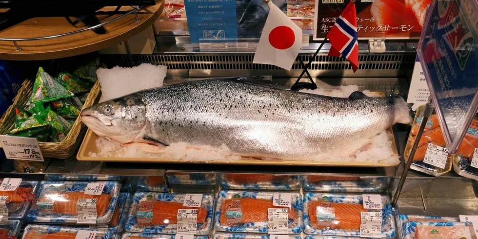 NORSK LAKS I JAPAN: Fremdeles er det en betydelig prispremie på stor fisk i flyfraktmarkeder som Japan, Kina, Sør-Korea og Taiwan. Prisutviklingen er imidlertid negativ og eksportprisen på fersk laks falt med åtte prosent i september.Arkivfoto: Norges sjømatråd