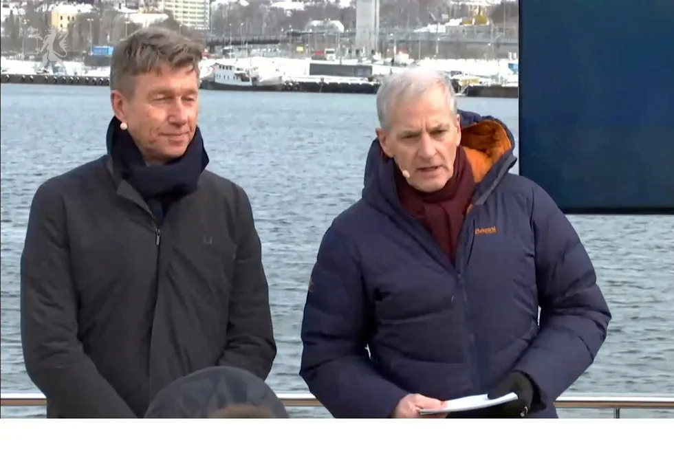 Olje- og energiminister Terje Aasland og statsminister Jonas Gahr Støre under dagens pressekonferanse