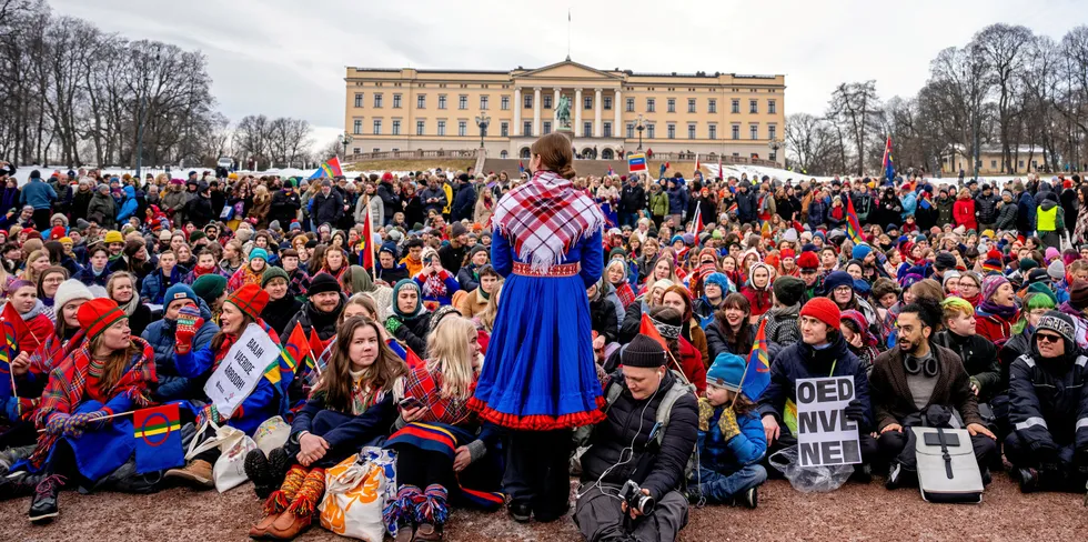 Aksjonister protesterte i vinter i Oslo mot vindturbinene på Fosen. Først om et år kan en ny utredning om saken være klar.