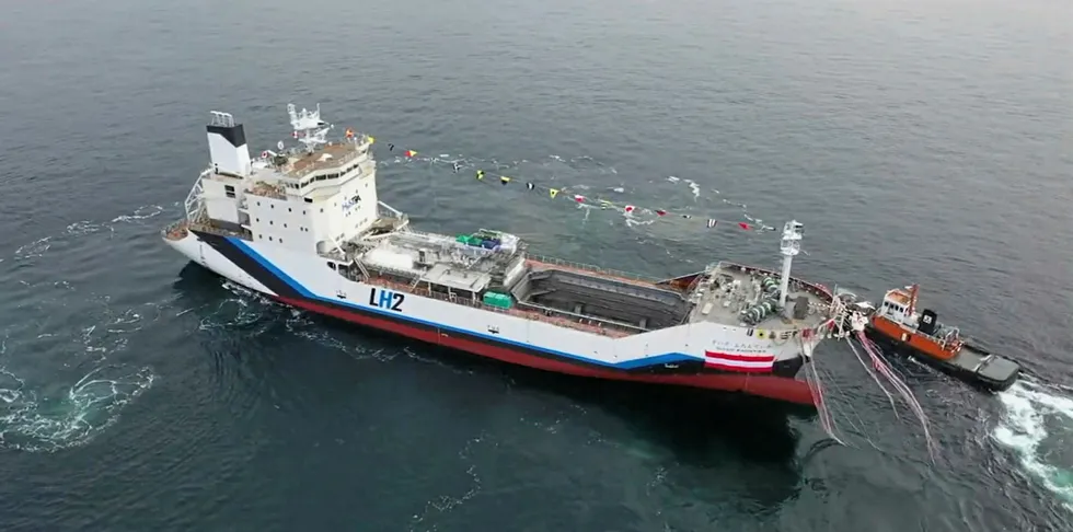 The world's first liquiefied hydrogen carrier, the Suiso Frontier, which was launched on December 11 in Kobe, Japan. Its hydrogen tank is yet to be installed, hence the large octagonal 'hole' seen here.