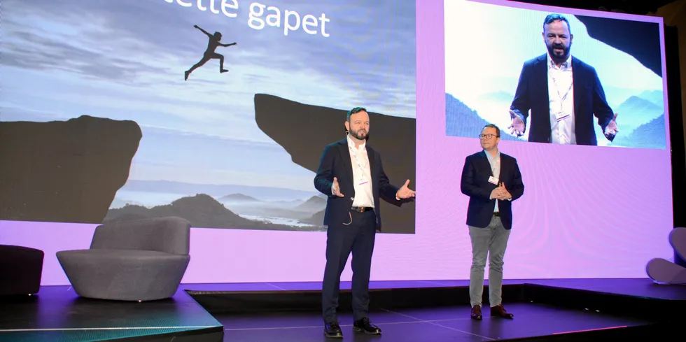 Adm.dir i Lede, Øivind Askvik, og IT-direktør i Elvia, Jon Andreas Pretorius, på Fornybar Norges årskonferanse 23. mars.