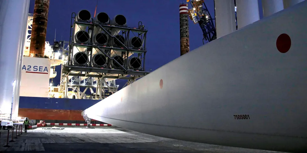 A 75-metre Siemens Gamesa offshore wind blade leaves its factory in Hull, northeast England.