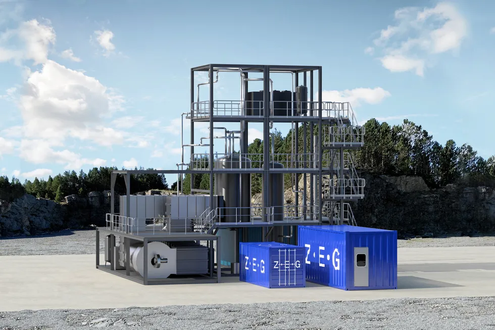 3D-illustrasjon av hvordan ZEG Energy sin løsning for hydrogenproduksjon med karbonfangst vil se ut.