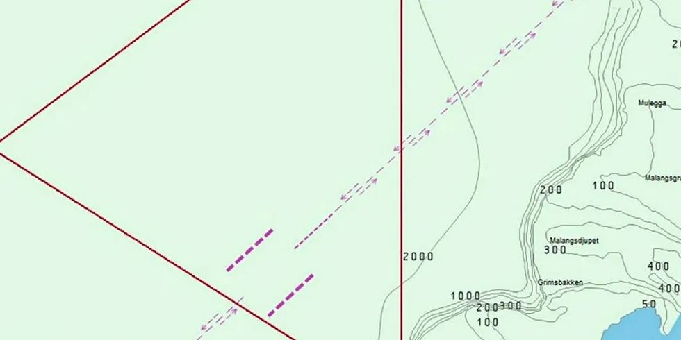 KLAR FOR SKYTING: Det aktuelle fareområdet for en aktivitet kalt «Albatross», er markert med rødt i dette kartet og ligger i havet vest for Andøya.