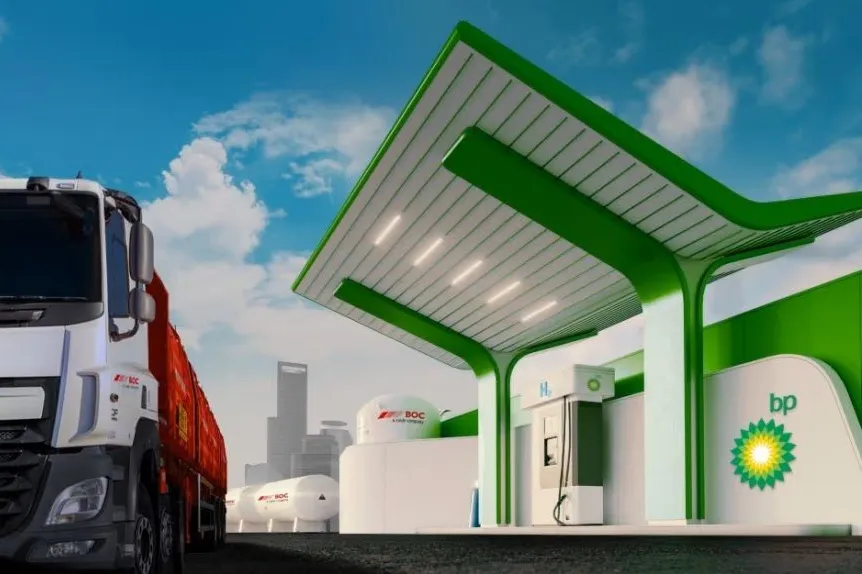 A computer-generated image of a BP hydrogen refuelling station in partnership with industrial gases firm BOC