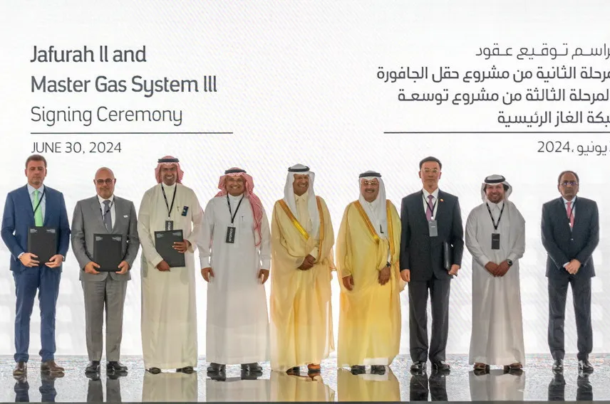 Aramco signing ceremony for Jafurah Phase-2 and MGS-3 contracts in Dhahran, Saudi Arabia.