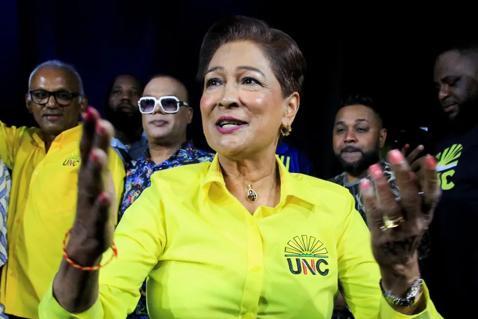Trinidad & Tobago's new Prime Minister Kamla Persad-Bissessa celebrates her election victory last month.