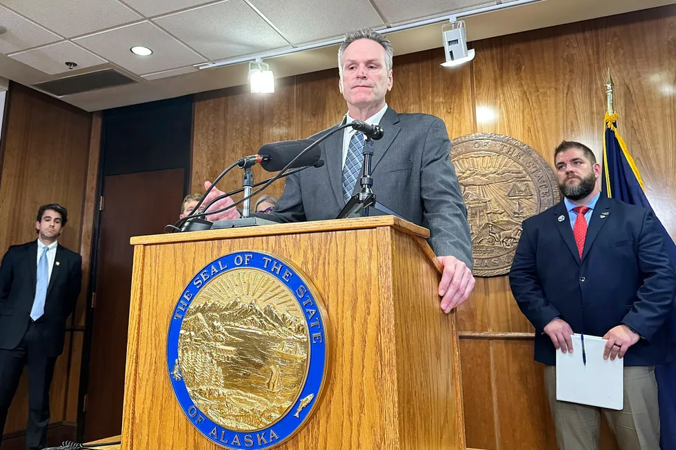 Alaska Governor Mike Dunleavy gestures during a news conference on Thursday, 12 December 2024, in Juneau, Alaska, in which he outlined his budget proposal for the coming year.