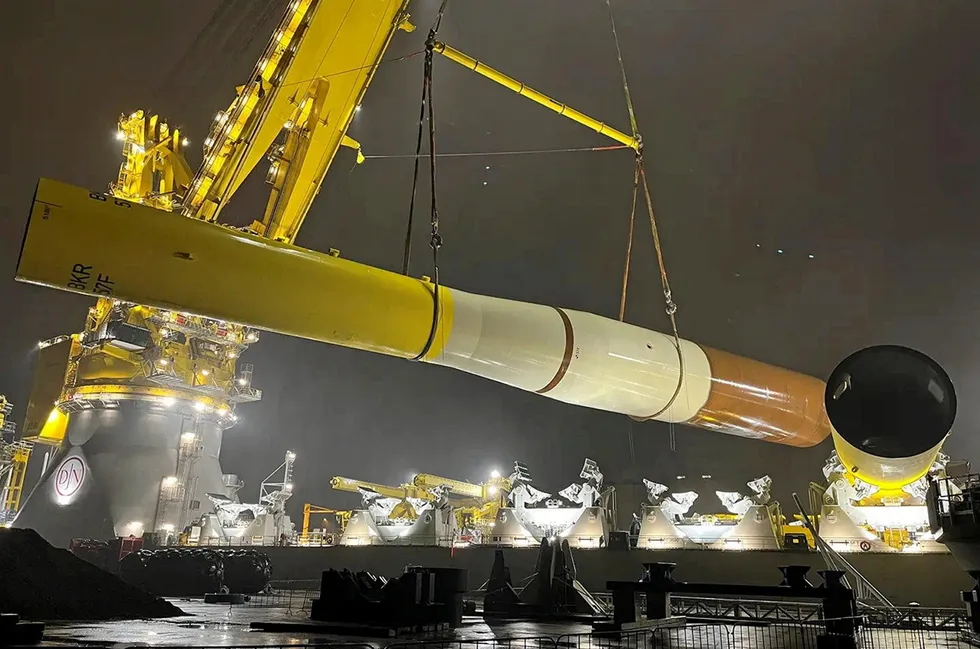 Steel foundations for Orsted's Borkum Riffgrund 3 offshore wind farm in Germany.