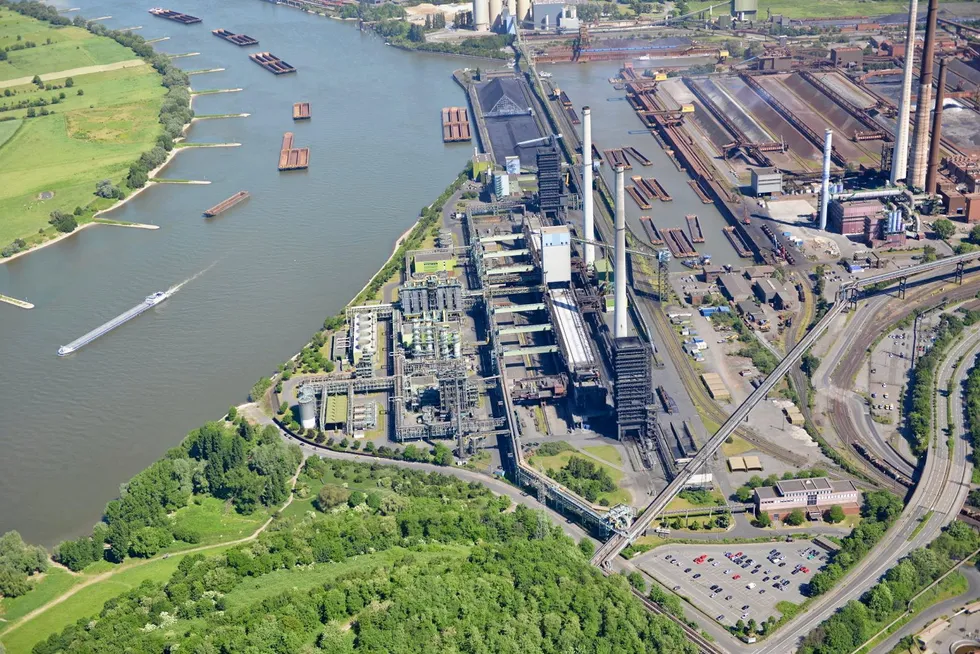 An aerial photograph of the Thyssenkrupp steelworks in Duisburg, Germany.