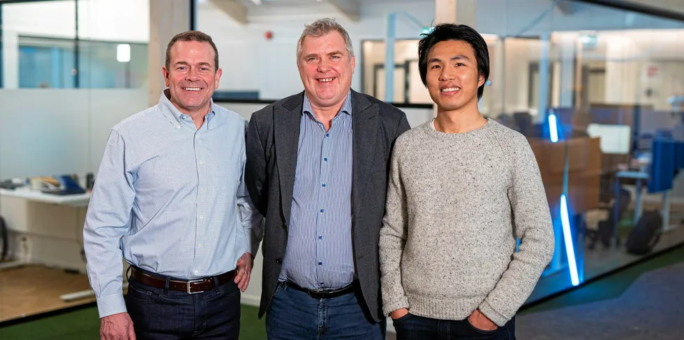 Brian Rigney, administrerende direktør i CAI Software Odd Arne Kristengård, administrerende direktør i Maritech og Wesley Jiang, Vice president i STG.