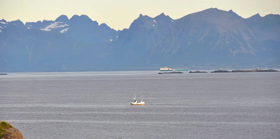 Sjark på Vesterålsfjorden med Havfarmen til lakseprodusenten Nordlaks i bakgrunnen. Det er ikke bare sjarkfiskere som for lengst er blitt en minoritet innen norsk sjømatbransje. Bare én firedel av eksporten er villfisk.