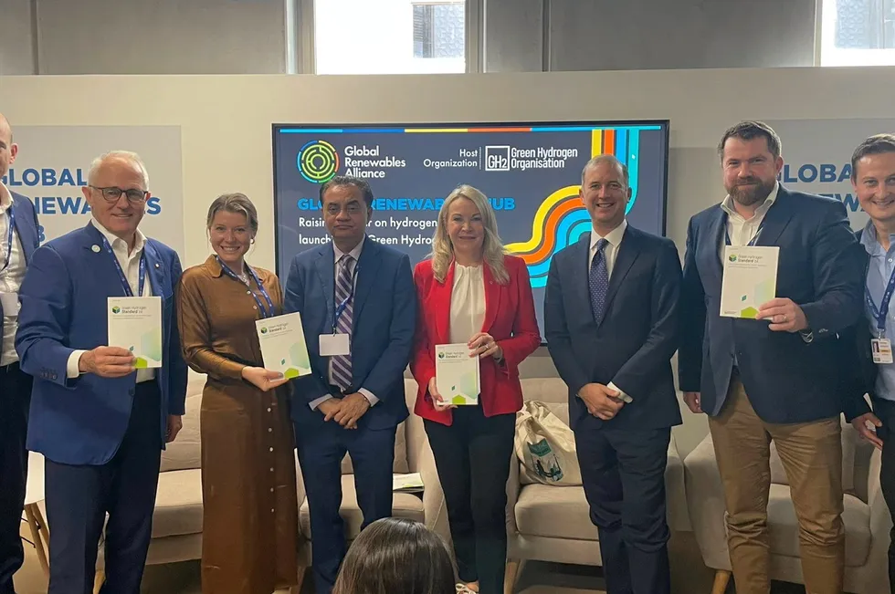 (l-r) Jonas Moberg and Malcolm Turnbull, CEO and chair, Green Hydrogen Organisation; Claire Behar, chief commercial officer, Hy Stor Energy; Arun Sharma, group head for sustainability and climate change, Adani; Elizabeth Gaines, executive director, Fortescue; Marco Alverà, CEO, TES; Frank Peter, director, Agora Industry; Joe Williams, director of strategy, Green Hydrogen Organisation.