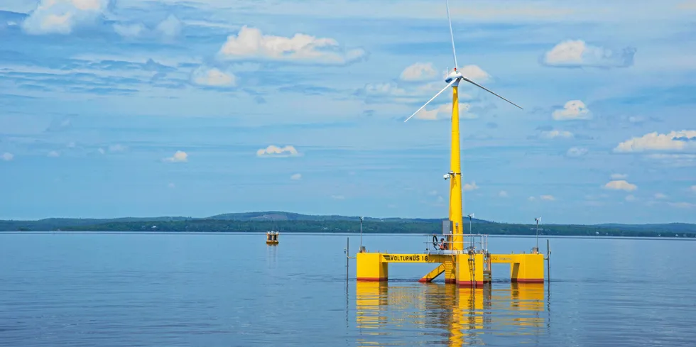 UMaine's part-scale VolturnUS floating wind turbine prototype off Maine.