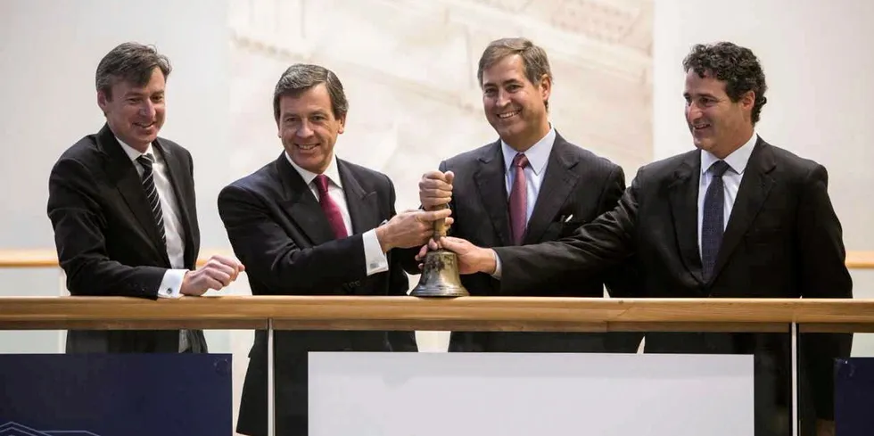 Camanchaca execs ring bell at Oslo Stock Exchange. Ricardo Garcia, CEO of parent company Compania Pesquera Camanchaca, Jorge Fernandez, CEO of Salmones Camanchaca and Daniel Bortnik.