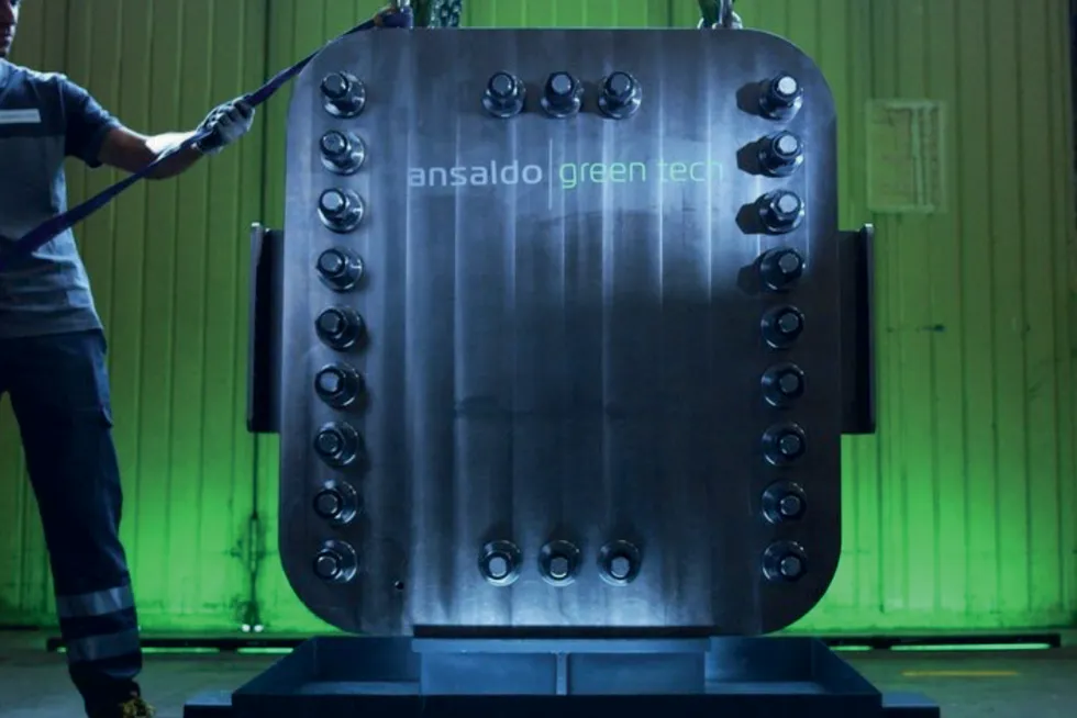 A promotional image of Ansaldo's 1MW AEM electrolyser.