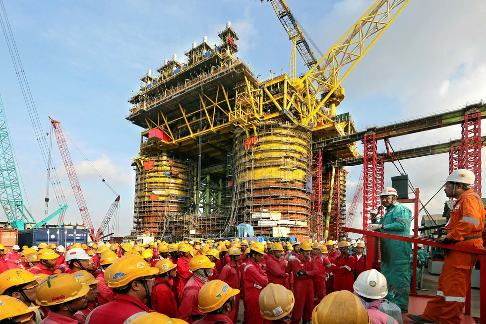 MMHE workers: assemble at the yard during a Shell ceremony in July 2015