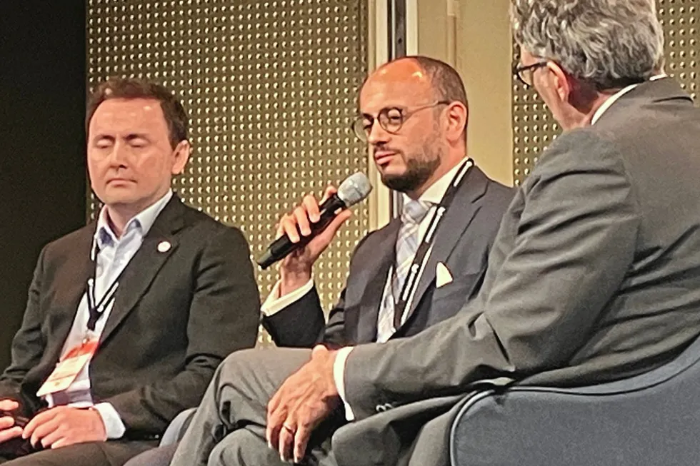 Driss Berraho, centre, ACWA’s executive director of green hydrogen business development, speaking at the World Hydrogen Congress in Rotterdam.
