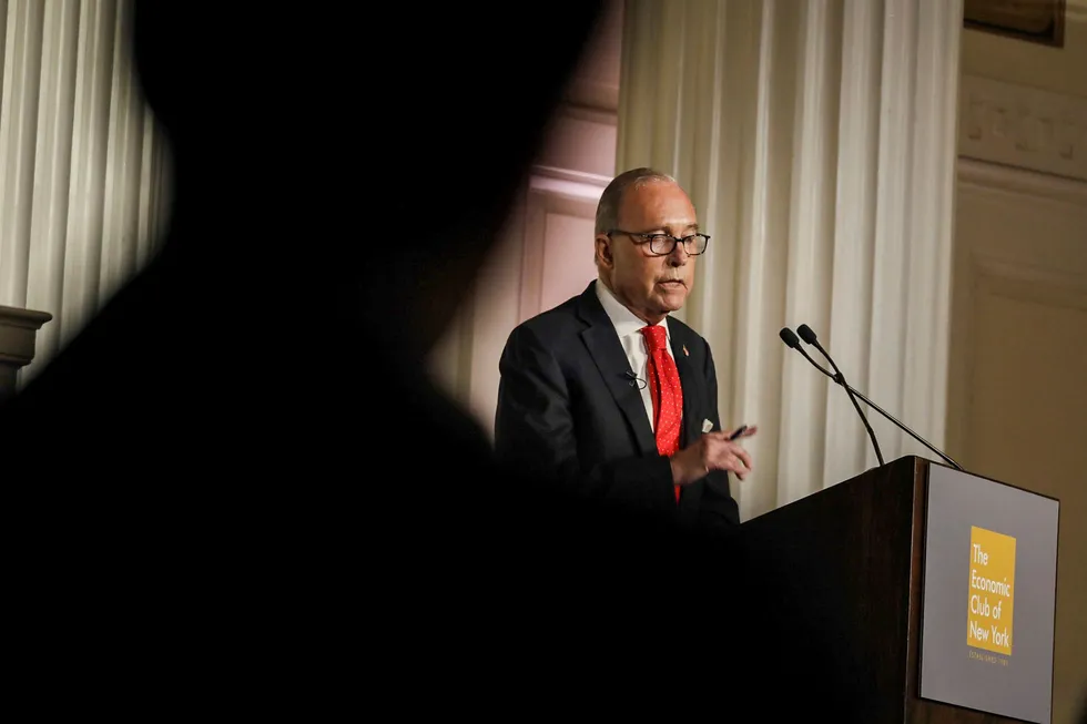 Mandag var Larry Kudlow (bildet), økonomisk rådgiver for president Donald Trump, innom The Economic Club of New York Han sier en oppdatering om straffetoll er like rundt hjørnet.