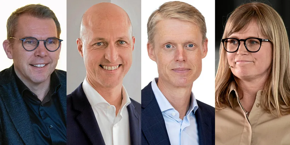 Blir en av disse ny sjef i Statkraft? Fra venstre Steffen Syvertsen (Å Energi), Sven Utermöhlen (RWE), Henrik Poulsen (eks-Ørsted) og Birgitte Ringstad Vartdal (Statkraft).