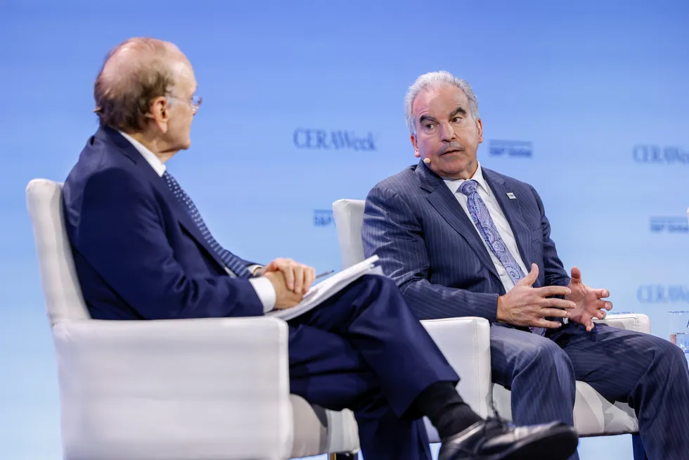 Cheniere chief executive Jack Fusco, right, answers a question from S&P Global vice chair Daniel Yergin during a session at the CERAWeek by S&P Global energy conference in Houston, Texas, US on Monday, 10 March 2025.