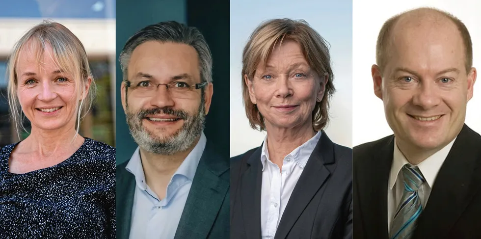 Her er fire av de ti ekspertene som skal sitte i strømprisutvalget. Fra venstre: Jannicke Hilland (Telenor), Håkon Taule (Thema), Kristin Bjella (Advokatfirmaet Hjort) og Inge Røinaas Gran (Sintef Energi).