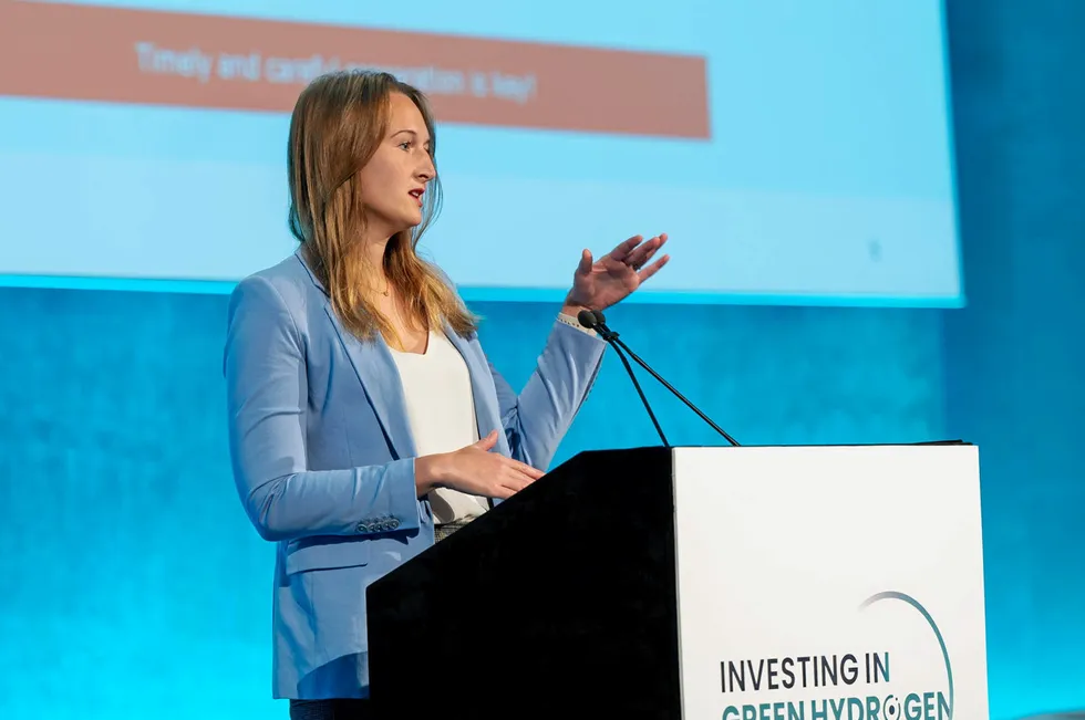 Ramona Ader, senior associate at Blomstein, presenting on H2Global requirements at Investing in Green Hydrogen in London.