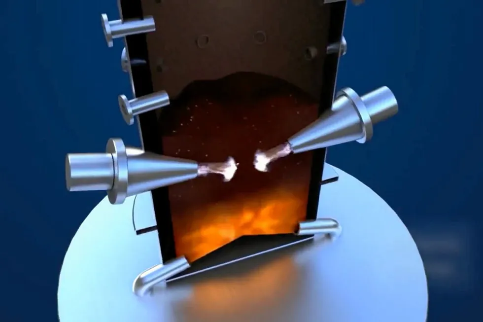 A computer rendering showing plasma torches inside SGH2's gasification chamber, which heat waste materials to temperatures of up to 4,000°C.