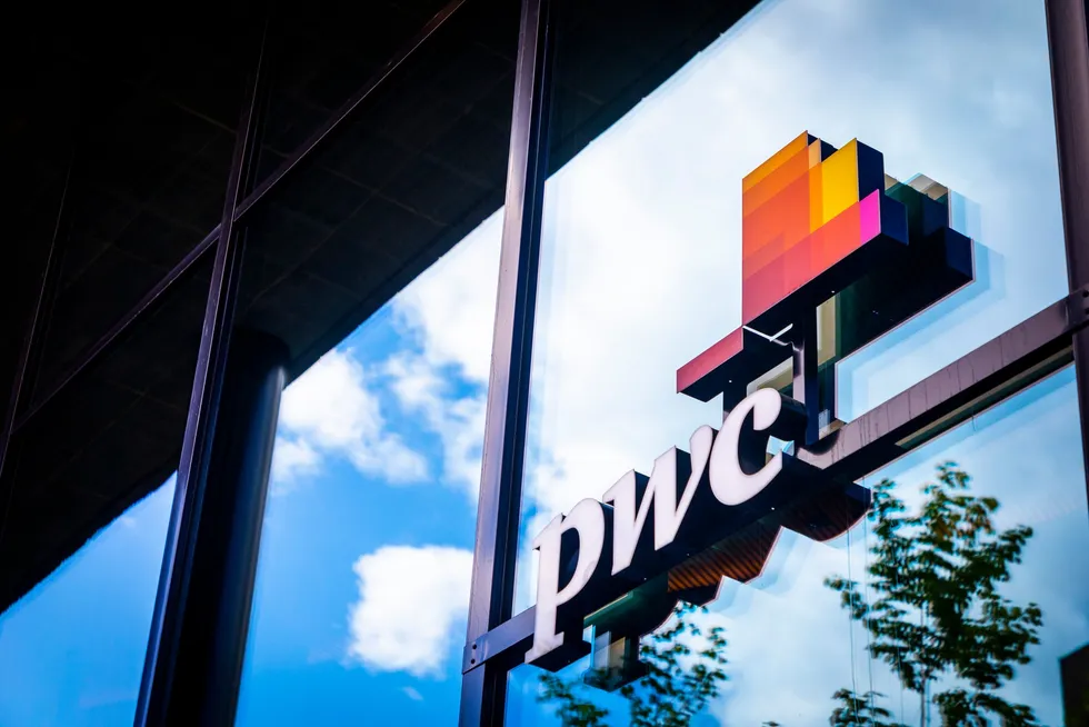 The PwC logo on the side of its Oslo office.