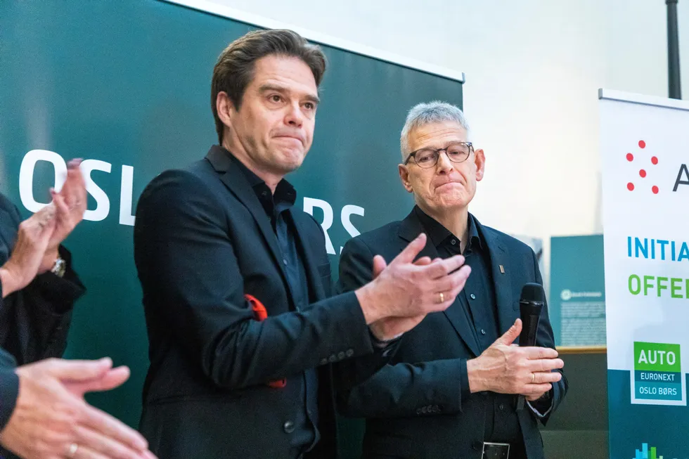 Alt har ikke vært like gøy for Autostore i år. Her finansdirektør Bent Skisaker (til venstre) og konsernsjef Karl Johan Lier under børsnoteringen i fjor høst.