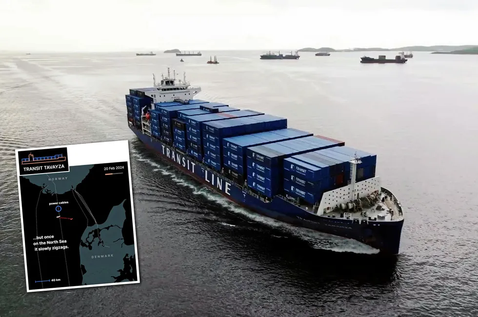 Det russiske frakteskipet Transit Tavazya stoppet i to døgn i februar opp ved tysklandskabelen. Rederiet forklarer det med dårlig vær.