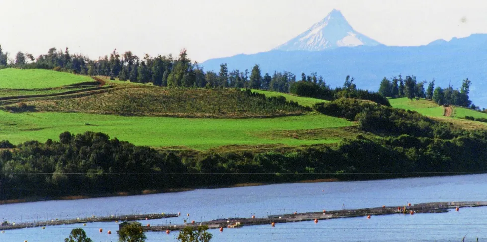 Parti fra innsjøen El Llanquihue ved byene Puerto Varas og Puerto Montt i Chile. Illustrasjonsfoto fra år 2000. I bakgrunnen reiser vulkanen Osorno seg. Den likner til forveksling vulkanen Fuji i Japan.