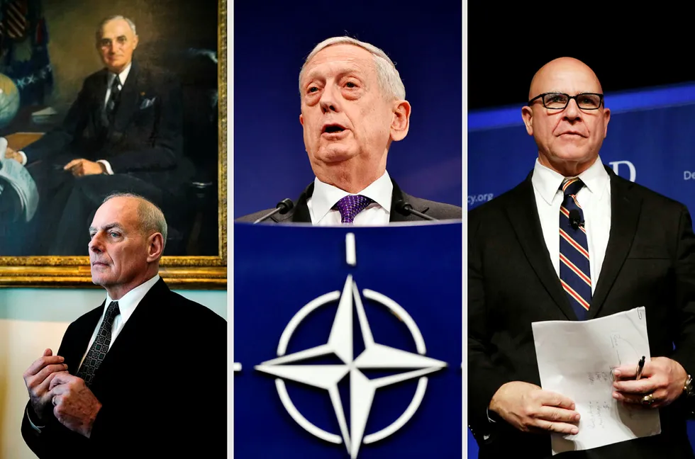 I München deltar Mattis (67) (midten) sammen med H.R. McMaster (55) (til høyre), den nasjonale sikkerhetsrådgiveren i Det hvite hus. I fjor deltok han sammen med den tredje generalen sentralt hos Trump, John Kelly, som nå er stabssjef. Foto: NTB Scanpix