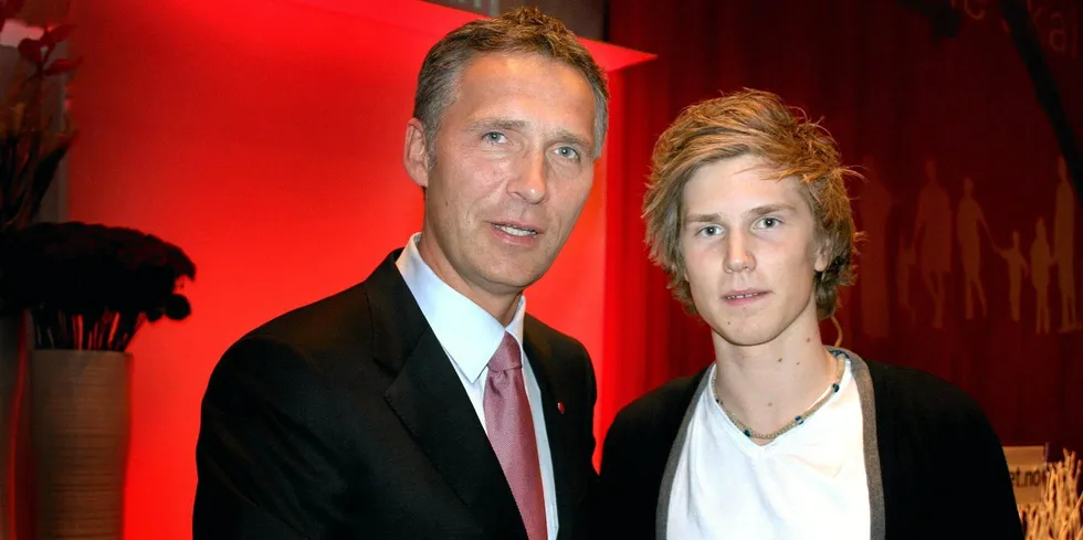 Simon Sæbø og statsminister Jens Stoltenberg. Bildet er tatt på Arbeiderpartiets landsmøte i 2009.