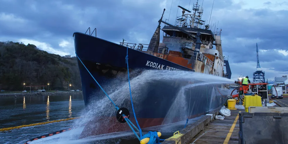 Trident Seafoods' Kodiak Enterprise on fire in the Hylebos Waterway in Tacoma, Washington in April 2023.