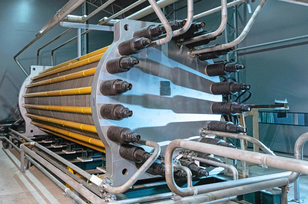 A HydrogenPro high-pressure alkaline electrolyser used to produce green hydrogen.