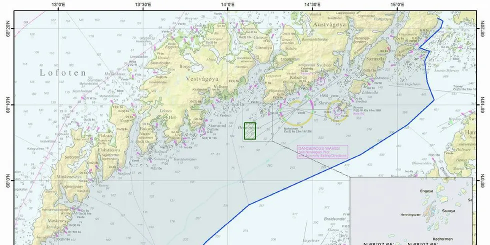 LOKAL REGULERING: Kartet viser området den lokale reguleringen for Lofoten gjelder, og det egne linehavet som er avmerket utenfor Henningsvær.Kart: Fiskeridirektoratet