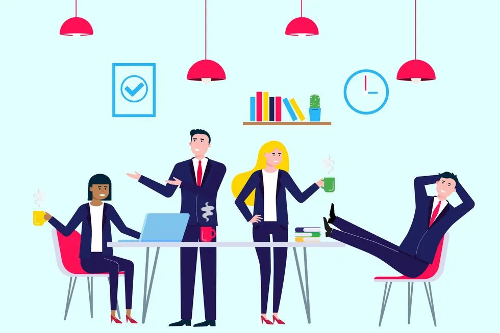 Coffee break colleagues in meeting room office with laptop, coffee and chairs happy men and women talking and working vector characters flat style vector illustration. Teamwork concept in business.
